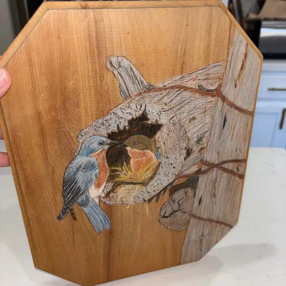 Tom Vandenbosch Handcrafted Bluebirds Wood Burned Pyrography Art Plaque - Picture 6 of 8